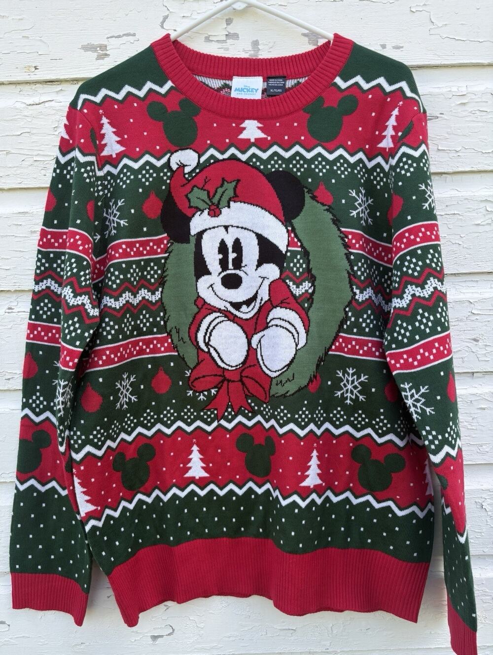 Disney Mickey Sweater Red Green Mens XL Knit Crewneck Christmas Fair Isle